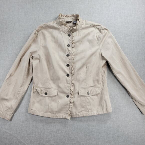 Chico's Jackets & Blazers - Chico's Womens Jacket Size 1 Beige Mock Neck Button Up Ruffled Trim Long Sleeve